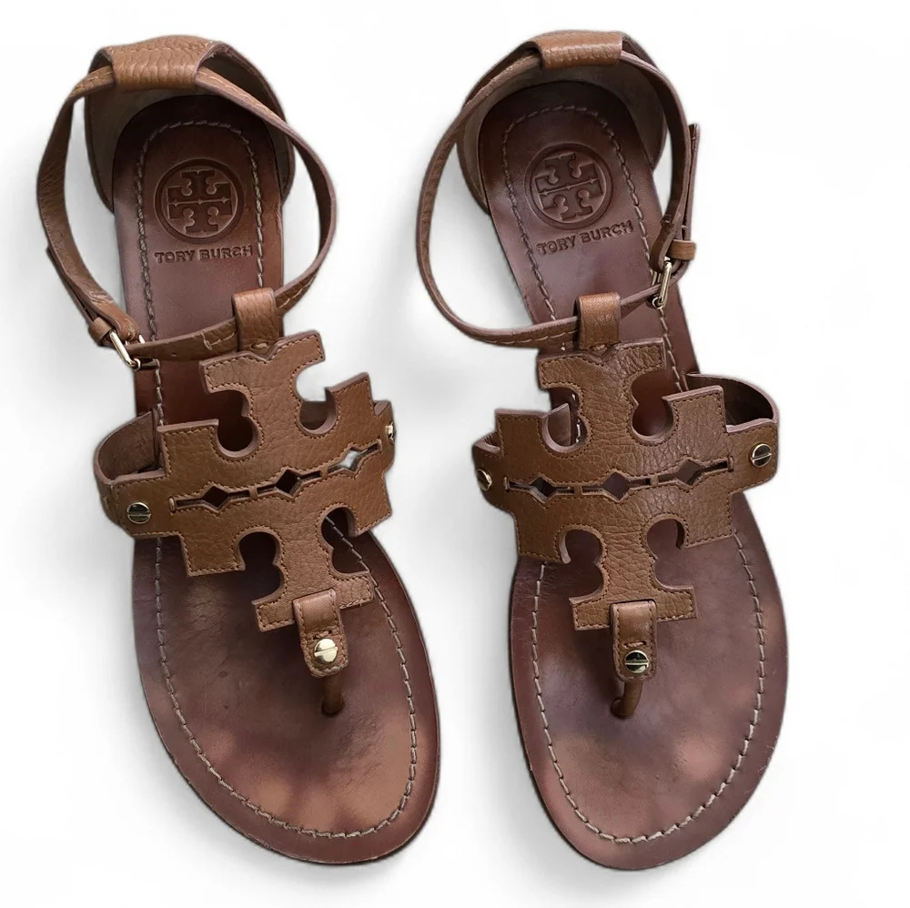 TORY BURCH Chandler Tumbled Leather Wedge Sandals – Size 9.5 - Picture 2 of 13